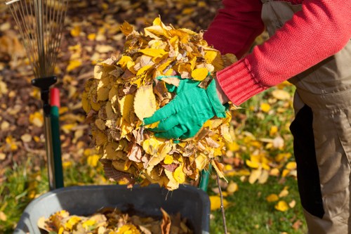 A person wearing a red long-sleeved shirt and green gloves is seen lifting a large heap of yellowing autumn leaves, preparing to load them into a black rubbish collection container on a paved garden or outdoor area. The pile of leaves appears dense and dry, with various shades of yellow and brown, indicating they are fallen from nearby trees. In the background, there are more fallen leaves scattered on the ground and some greenery, suggesting a typical garden or outdoor space in an urban or suburban setting. The scene illustrates a leaf clearance activity suitable for a professional rubbish removal service such as Elephant and Castle House Clearance, operating in the London Borough, with attention to the careful handling of garden waste. Natural daylight illuminates the scene, capturing the textures of the leaves and the details of the person's clothing and gloves, emphasizing the practical and professional nature of rubbish clearance tasks commonly conducted in local areas like Elephant and Castle.